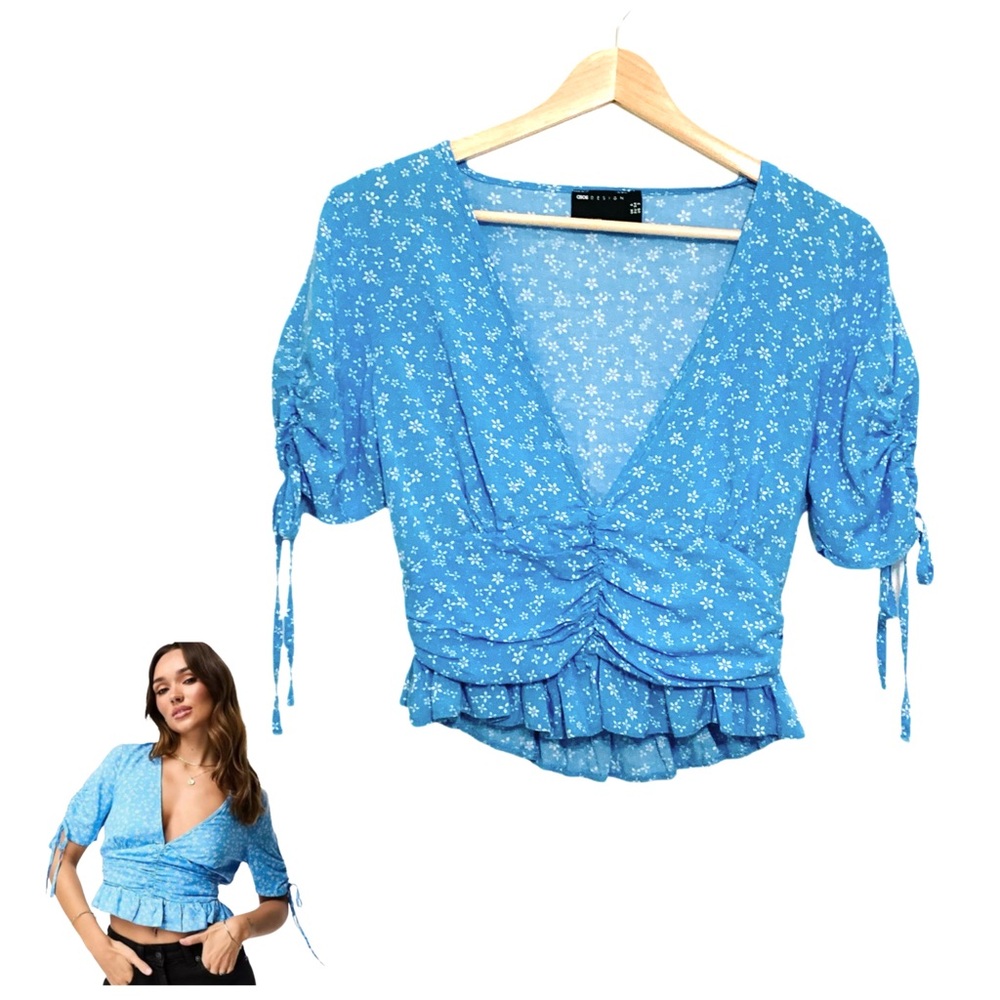 ASOS DESIGN V-neck Tea Blouse Ruched Waist Peplum Hem Blue Ditsy Print Size 2